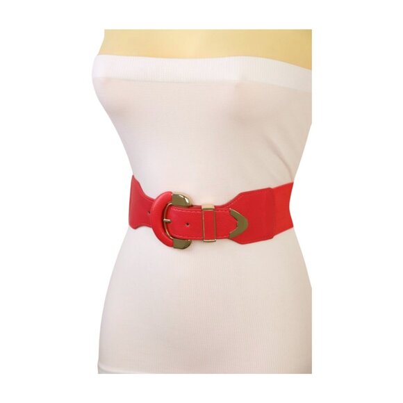 New Women Coral Pink Faux Leather Elastic Waistband Belt Round Gold Buckle S M - Picture 15 of 16